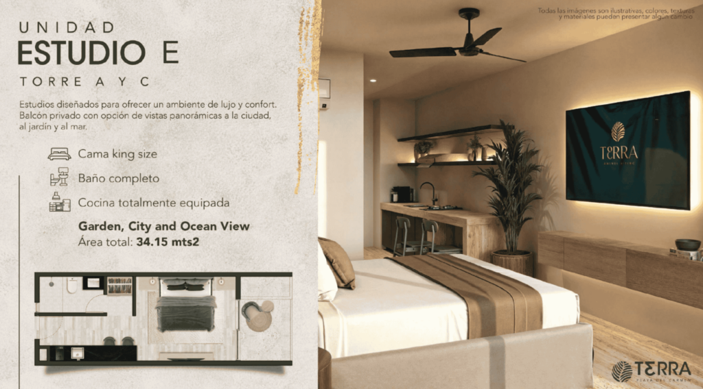 Estudio E de Terra Playa del Carmen, unidad equipada de 34.15 m² con cama king size, cocina completa y vistas garden, city y ocean view.